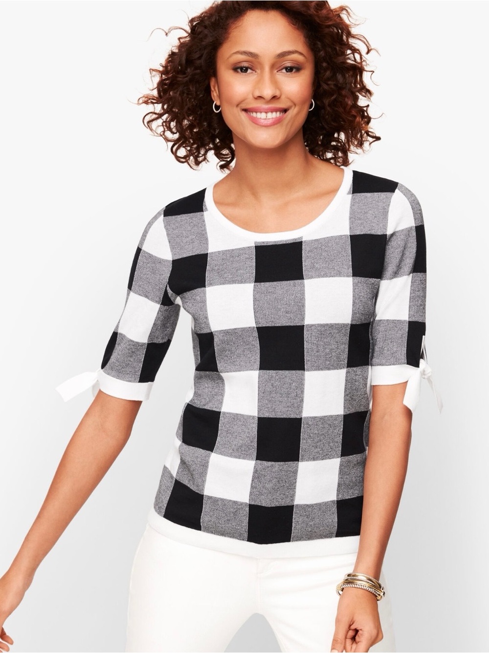 Talbots Tie Sleeve Gingham Short Sleeved Sweater Sz M